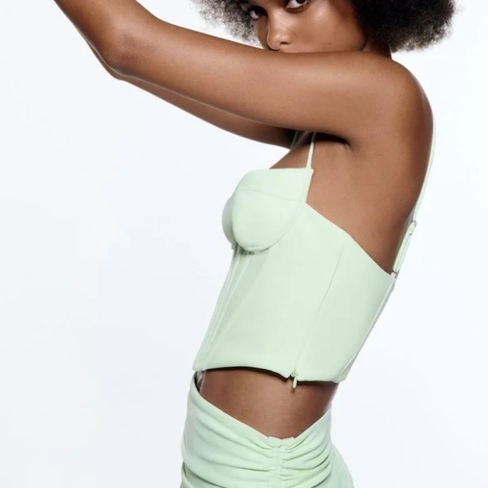 ZARA Poplin Mint Green Corset Cropped Tank Top - Picture 2 of 7